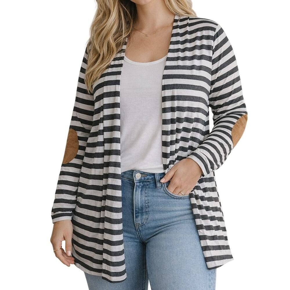 Striped Tunic Cardigan Stretchy Plus 3x Elbow Patches Lightweight Casual Cottage